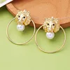 fashion exaggerated women jewellery gold plated lion pearl stud earrings round circle hoop earrings wholesale