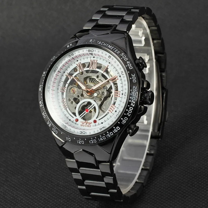 2016 New Hot Sale Skeleton Hollow Fashion Mechanical Self Wind Men Luury Male Business Gold Stainless Steel Strap Wrist Watch