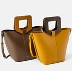Hand Woman Woman Handbag Custom Smooth Leather Wooden Handle Ladies Hand Bag Women Bucket Handbag