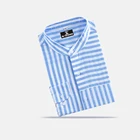 MJ TAILORED MEN'S MANDARIN COLLAR CASUAL BLUE STRIPE LINEN HEMP SHIRT