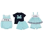 2019 Newest crab embroidery sibling gingham shorts boys clothing sets