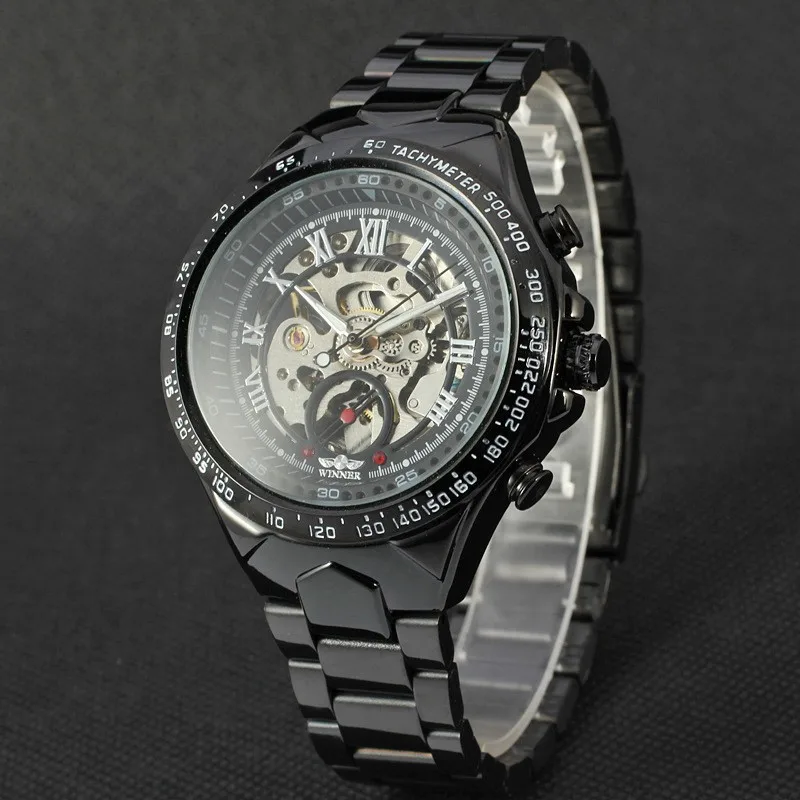 2016 New Hot Sale Skeleton Hollow Fashion Mechanical Self Wind Men Luury Male Business Gold Stainless Steel Strap Wrist Watch