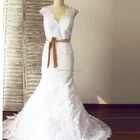 Vintage French Corded Lace Wedding Dress Mermaid Bridal Gown with Cap Sleeves