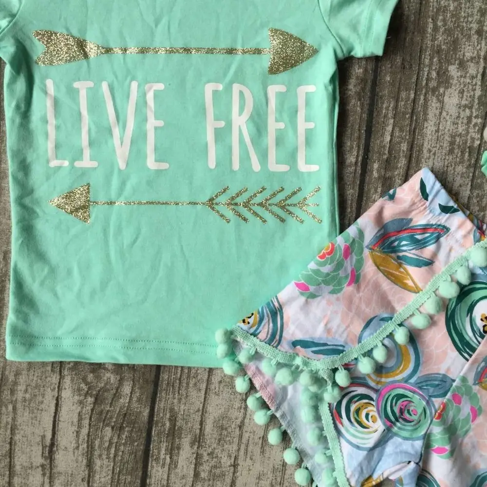 baby Girls Summer clothes girls children LIVE FREE girl outfits kids arrow outfits mint top with shorts with accessories