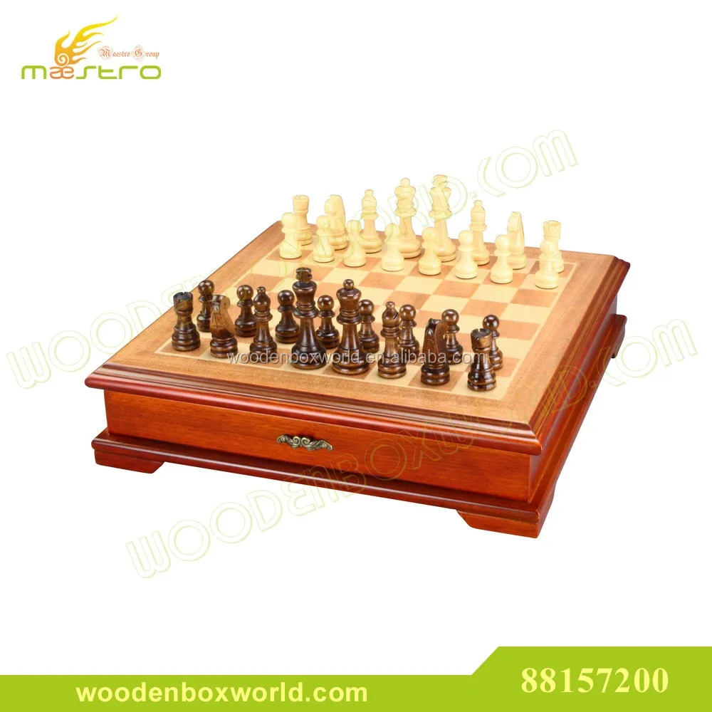 88157200K1-Luxury Wooden Box with Inlaid Chessboard Lid and Carved Wood Chessmen