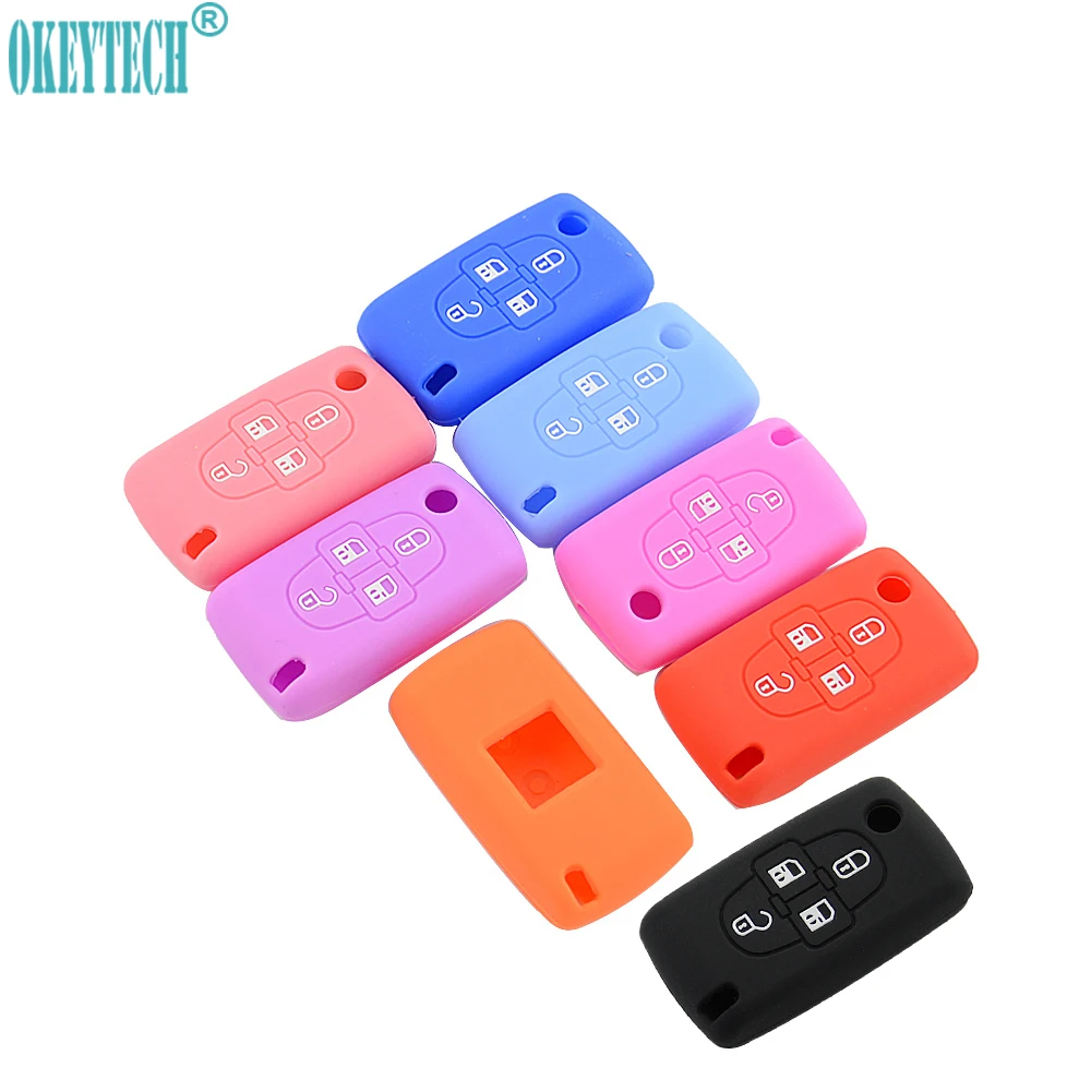 OkeyTech silicone car key fob cover case protect shell holder set for Peugeot 1007 for Citroen C8 4 buttons repair accessories