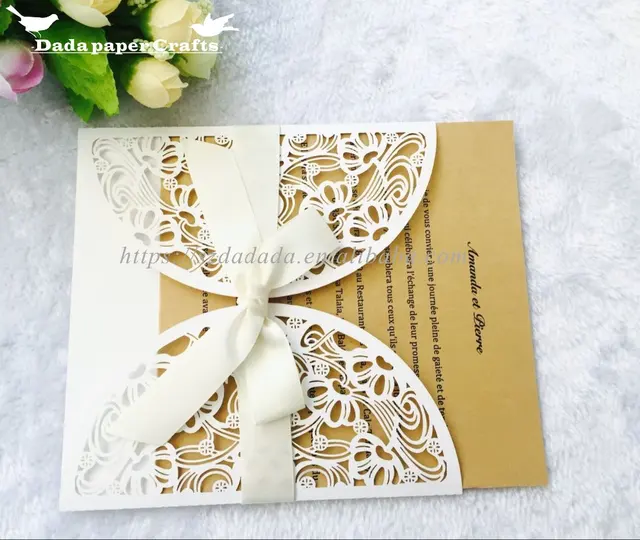 cut customized gold/white wedding invitation card with ribbon