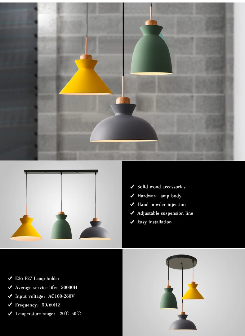 Grey Powder Coated Wood Decor Pendant Lamp Nordic Hanging Lamp