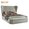 Italy Stylish Beige Leather/Fabric King Size Bedroom Set Furniture/ New Design High Quality Post-Modern Bed For Home &Hotel