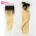 1b/613 Straight Ombre Color Blonde Bundles With Closure Brazilian Virgin Human Hair Extensions And Golden Closure