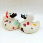 Rubber white duck with colourful spots plastic vinyl toy bath duck