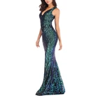 Lady Sexy Bodycon Clothing Women Back Out Elegant Party Long Green Sequin Evening Dress
