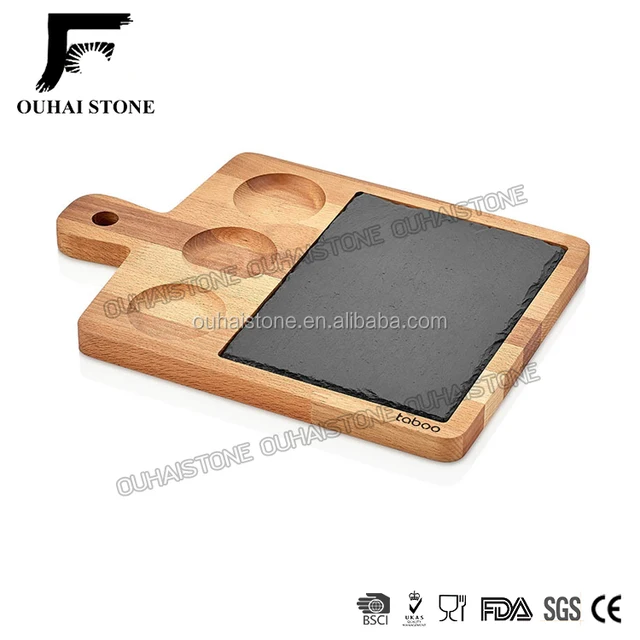 black slate stone serving tray with bamboo plate natural rect