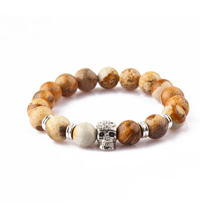 2018 Factory price fashion jewelry bulk natural black  labradorite and white stone bead skull men bracelet 