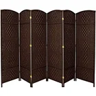 6 Panel Dark Coffee Tall Extra Wide Diamond Weave Fiber Room Divider Double Hinged Folding Privacy Screens