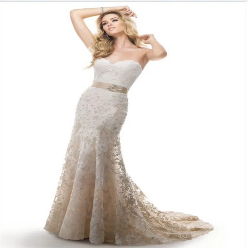 2016 Fashionable White Mermaid Wedding Dresses Sexy Sweetheart Lace with Sashes Open Back Bridal Gown Romantic Dress for Wedding