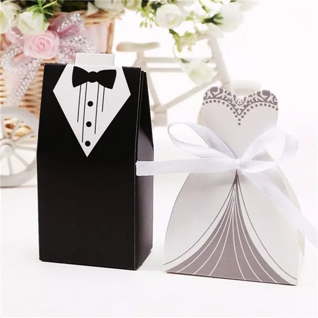 gift cases groom tuxedo dress gown ribbon wedding favors candy