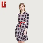 2019 Long Sleeve V-neck Lattice Printed Elegant Viscose Woman Casual Dress