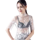 2019 Black Lace transparent clothing woman low price of ladies t-shirt sexy hollow out High collar half sleeves mesh tops