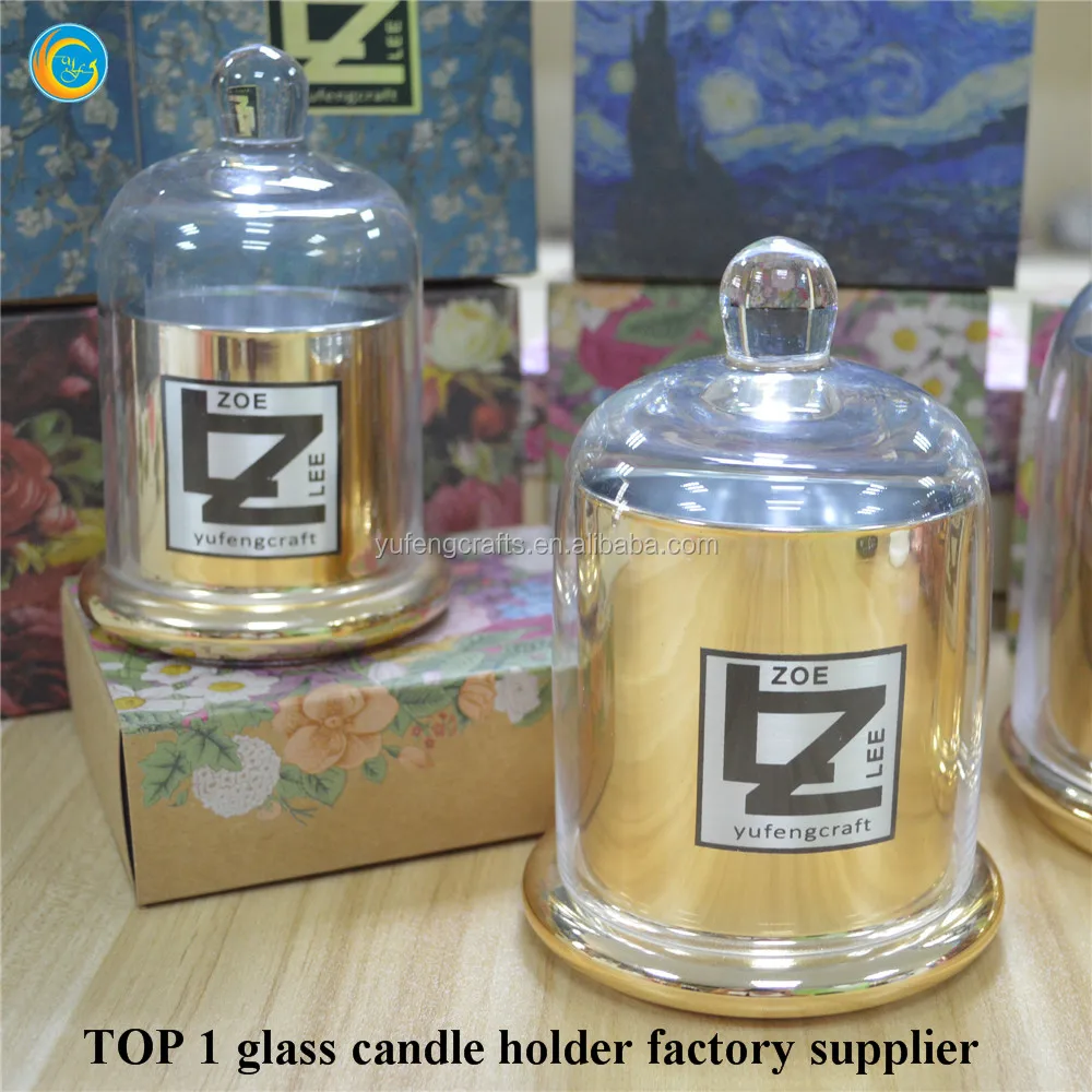 gold luxury glass bell dome candlestick with gift box