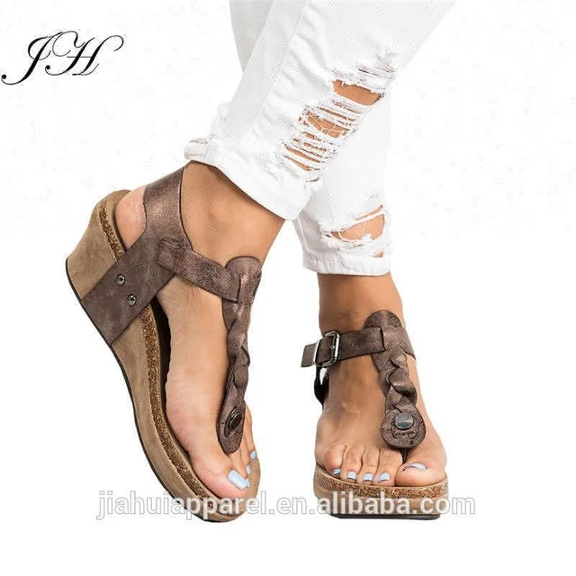 womens boho braided wedge sandals ankle buckle t-strap flip flop