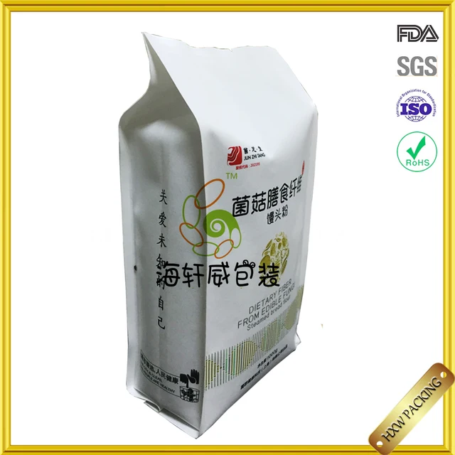 2017 new custom quad seal side gusset white kraft paper bag for rice flour packaging