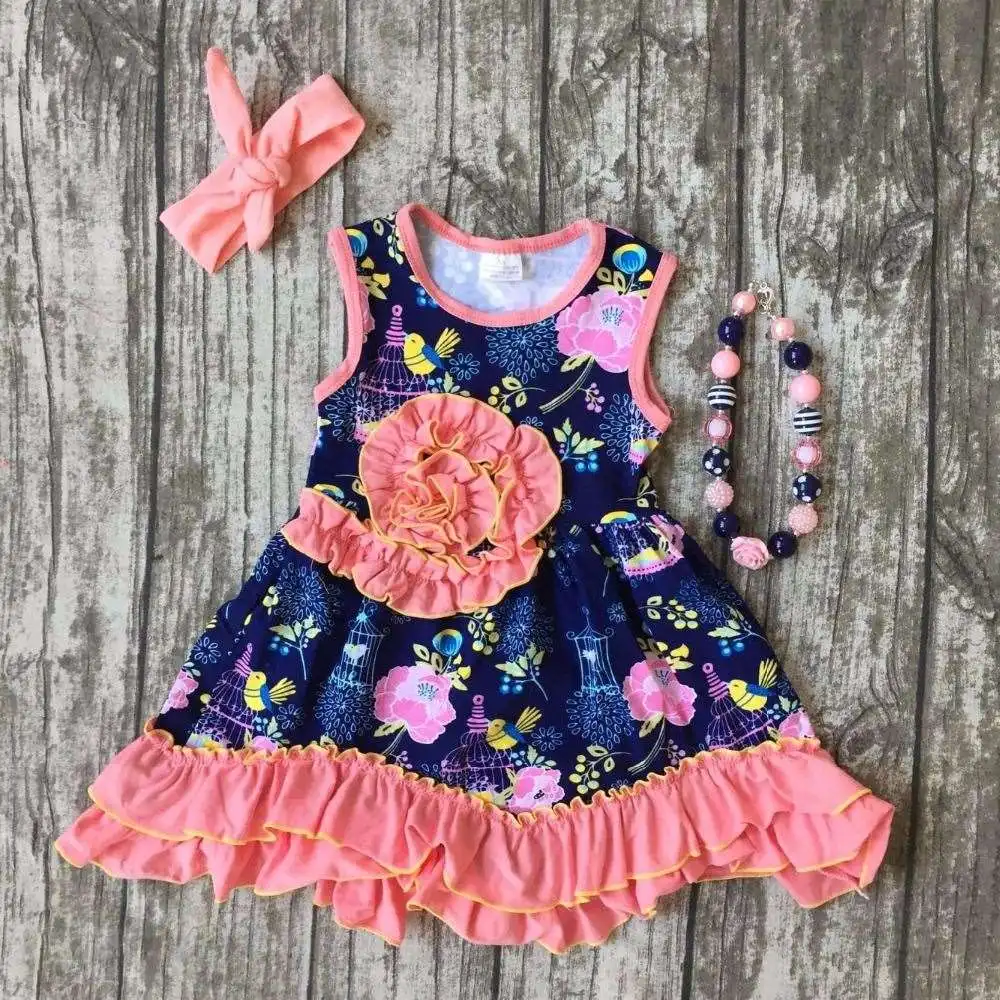 baby girls clothes kids wear summer coral yellow floral princess ruffles dress cotton match accessories boutique sleeveless