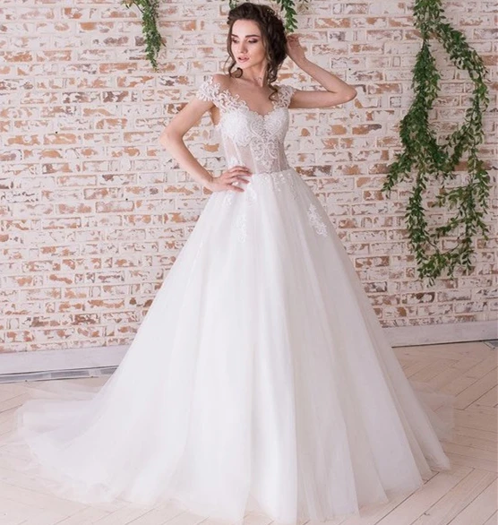 Ball Gown Illusion Back Cap Sleeve Scoop Glowing Lace Dress
