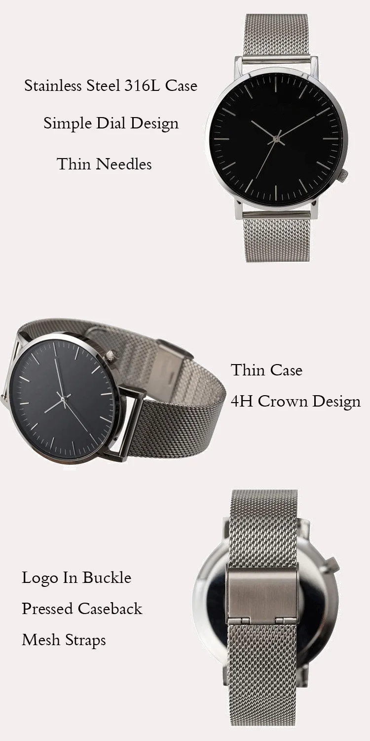 Minimalist Style Japan Movt Watch Stainless Steel Black Custom Watches