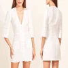 Women Autumn V neck Front Button Down White Long Sleeve Bodycon Linen Mini Dress