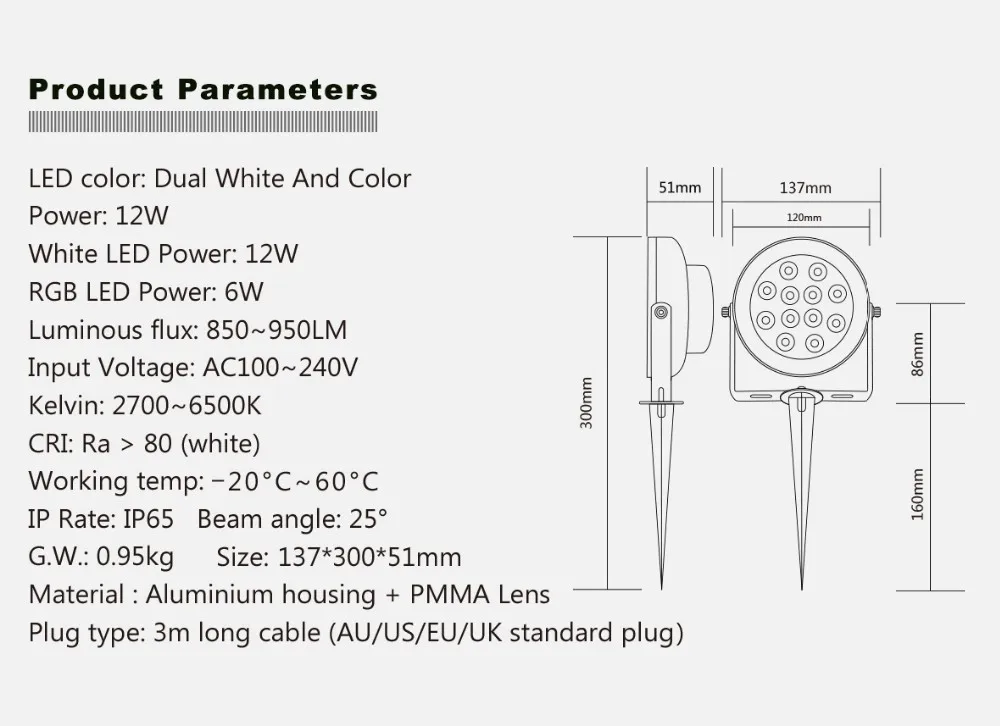 Smart Lighting Control Ip65 Waterproof 100-240vac 12w Rgb Color Dual White Led Garden Spike Flood Lamp Zigbee Outdoor Light - ANKUX.COM