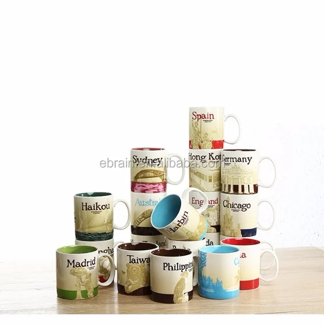 ceramic coffee mug cup with land mark globe