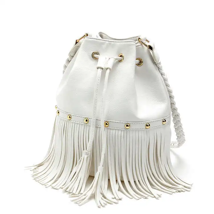 Designer Bucket Bag Tassel Rivet Pu Leather Drawstring Bucket Bag Women Handbags Office Bag Crossbody Bolsas de Hombro XA403A