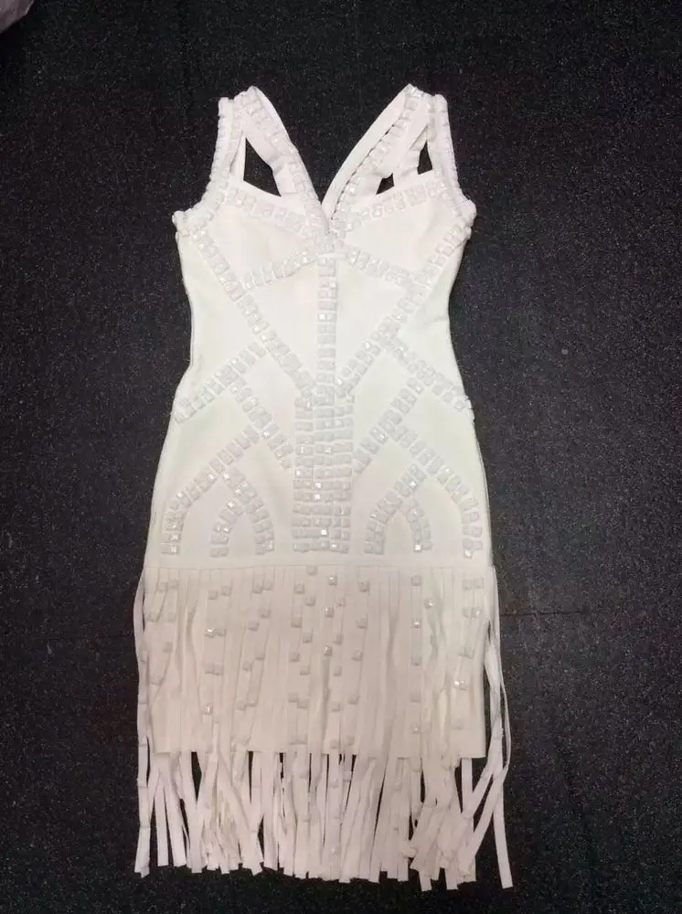 2015 High Quality HL Women's Sleeveless Rayon Studded White Bandage Dress Sey Tassel Celebrity Evening Party Prom Bodycon Dress