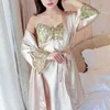 Wholesale Amazon Hot Sale Silk Plain Long Sleeve Gown Suit Lady Sexy Satin With Lace Skirts Night Sleeping Robe Sets