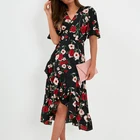 Women Summer Ruffle Short Sleeve Chiffon Beach Dress Bohemian Floral Print Dress V-Neck Long Elegant Party Dress