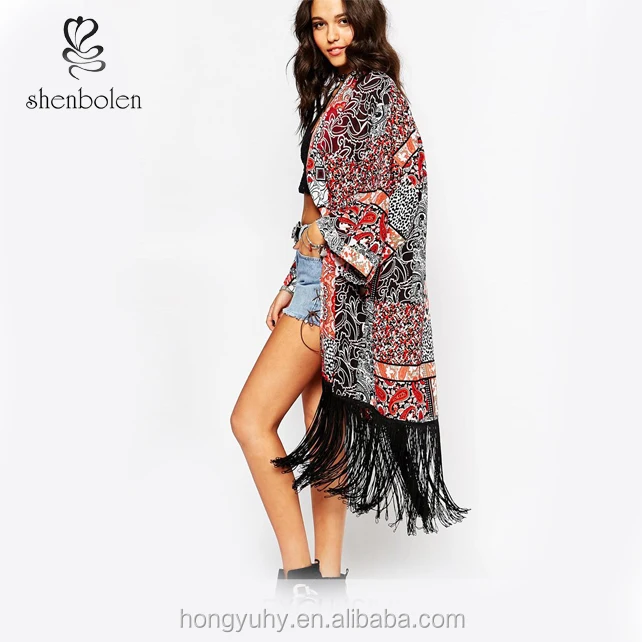 Wholesale New 2016 Paisley Long Boho Printed Fringed Kimono With Tassels In Patchwork Festival