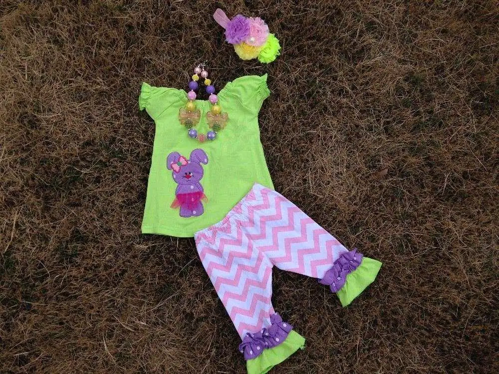 2015 new baby girls easter lime pink lavender bunny capri top set easter outfits with matching necklace and bow set