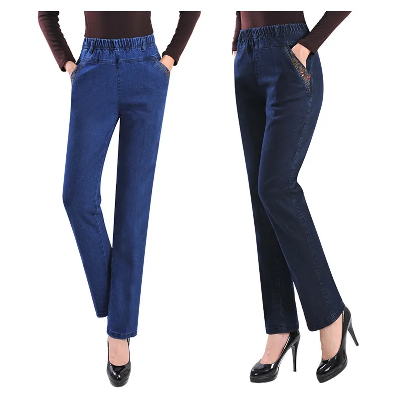 Plus Size 28-38 Hot 2015 Autumn Women Jeans Elastic Waist Straight Denim Pencil Pants Casual Mother Embroidery Jean High Quality