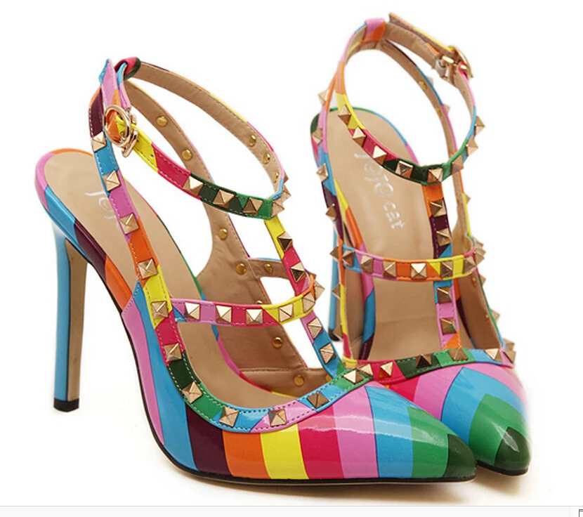 2015 sexy pumps Women Shoes Fashion Pointed Toe High Heels Shoes Women Pumps Rainbow Rivets Sandals Zapatos Mujer Wedding Shoes