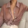 Women Sexy Lapel Neck Long Sleeve Blouse Transparent See Through Top 2019 Spring Summer Beach Wear Office Shirt