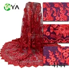 red embroidery 3D floral lace fabric 3d beaded lace fabric bridal material