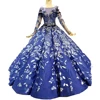 LS148865 long sleeves heavy applique flower patterns dark blue dress long evening lace dress