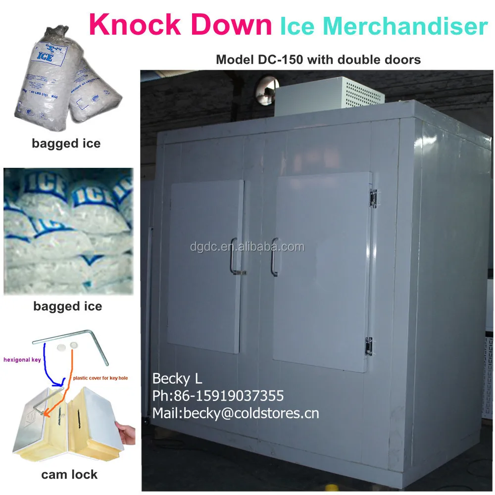 bagged ice storage bin/ ice merchandiser with drop-down