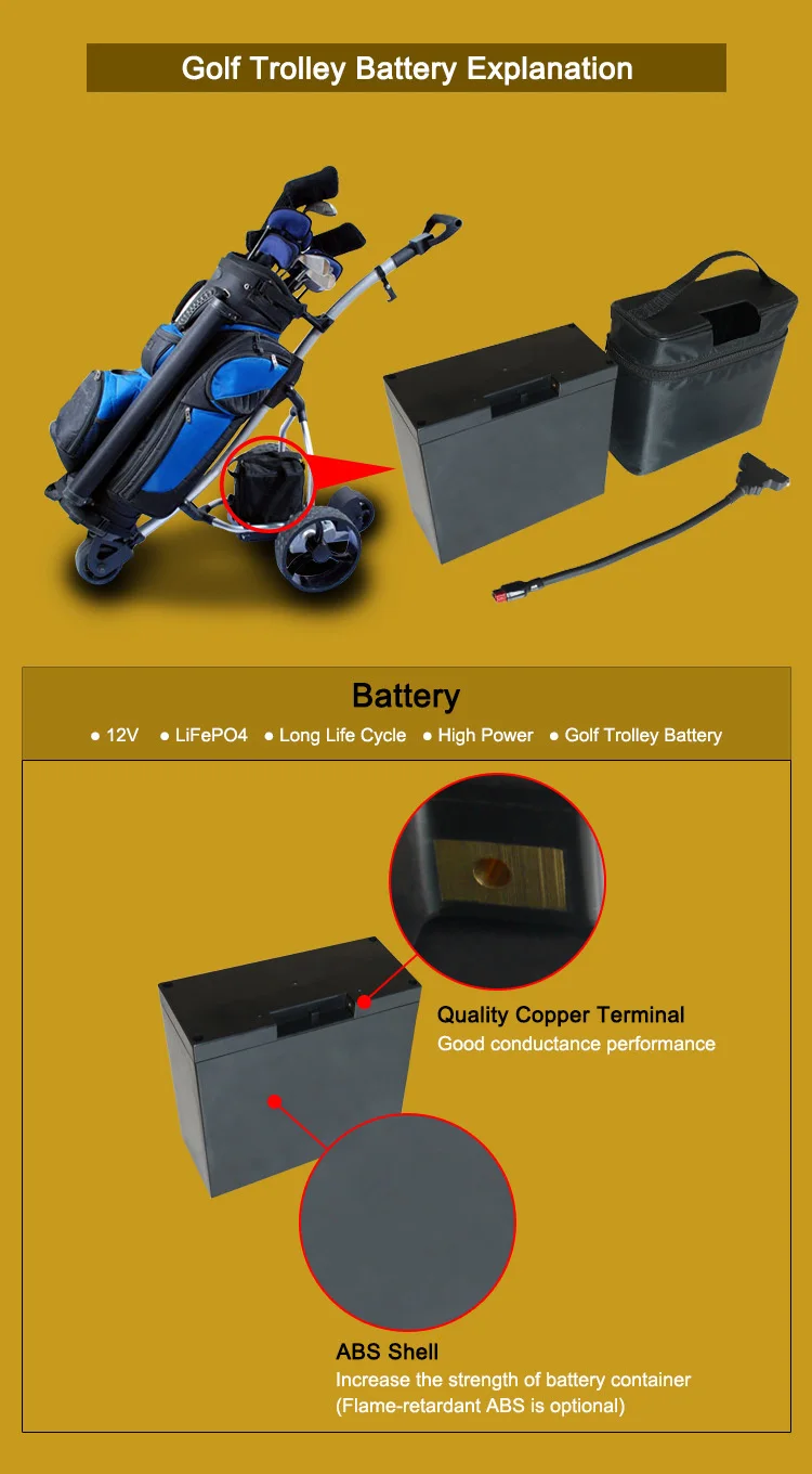 Cycle Life >2000 cycles 12V 22Ah LiFePO4 Electric Golf Trolley Lithium Battery With T-Bar Connector, Bag and Charger