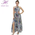 New Style Women Long Floral Print Elegant Blue Ladies Sexy Beach Summer Dress