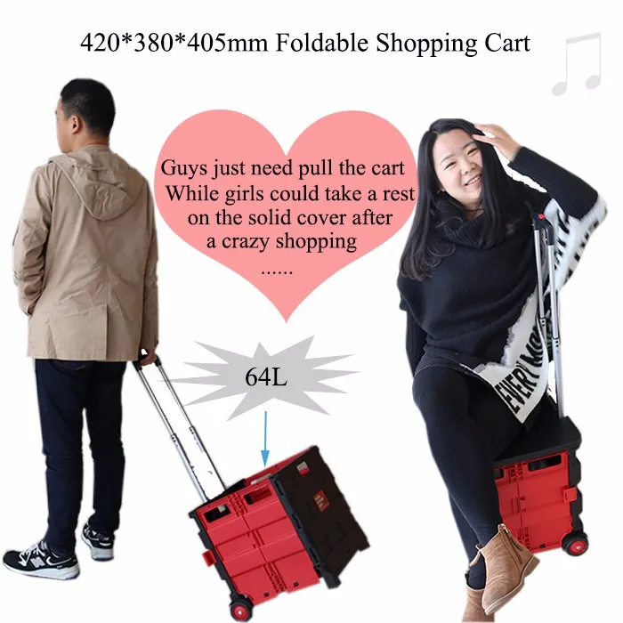 Plastic personal use folding shopping trolley cart with lid wheels and a handle