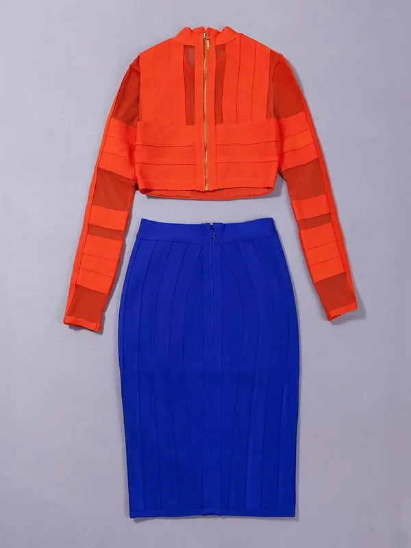 2016 new summer orande and blue two pieces set mesh long sleeve knee-length sey party night club Bandage Dress wholesale