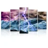 5 Panel Blue Ocean Wave Canvas Wall Art Lightning Storm Weather Blue Seascape Scenery Painting Contemporary Artwork