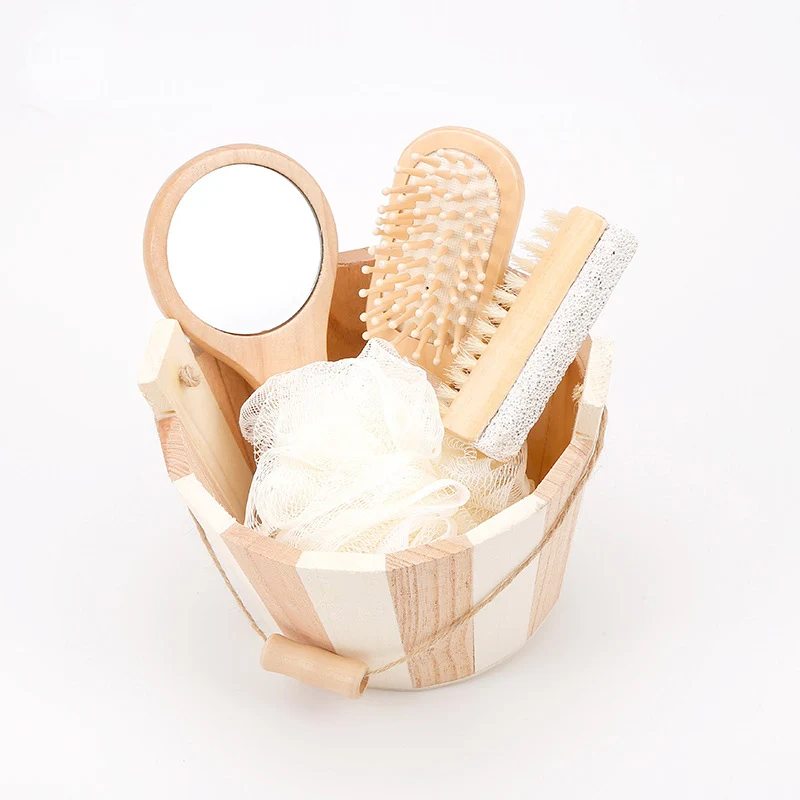 high quality natural wooden 5pcs spa gift kit with bucket